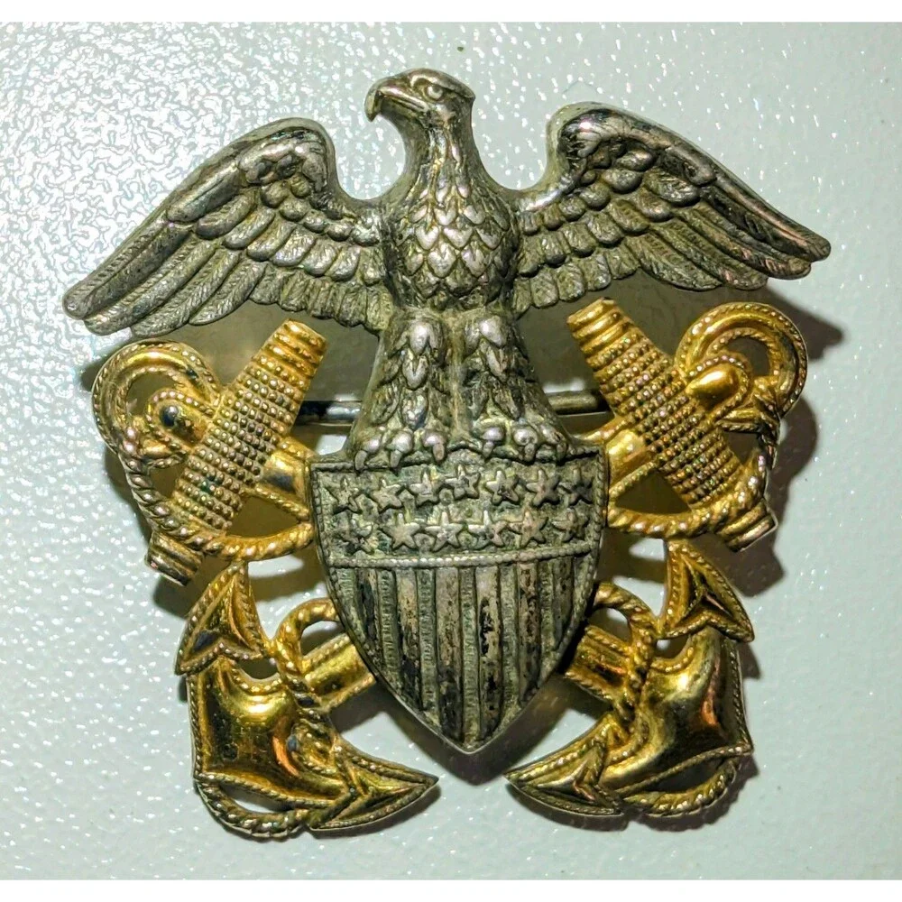 Vtg WW2 Military Navy Eagle Shield Anchors Pin 1/20 10k Gold over Sterling H-H